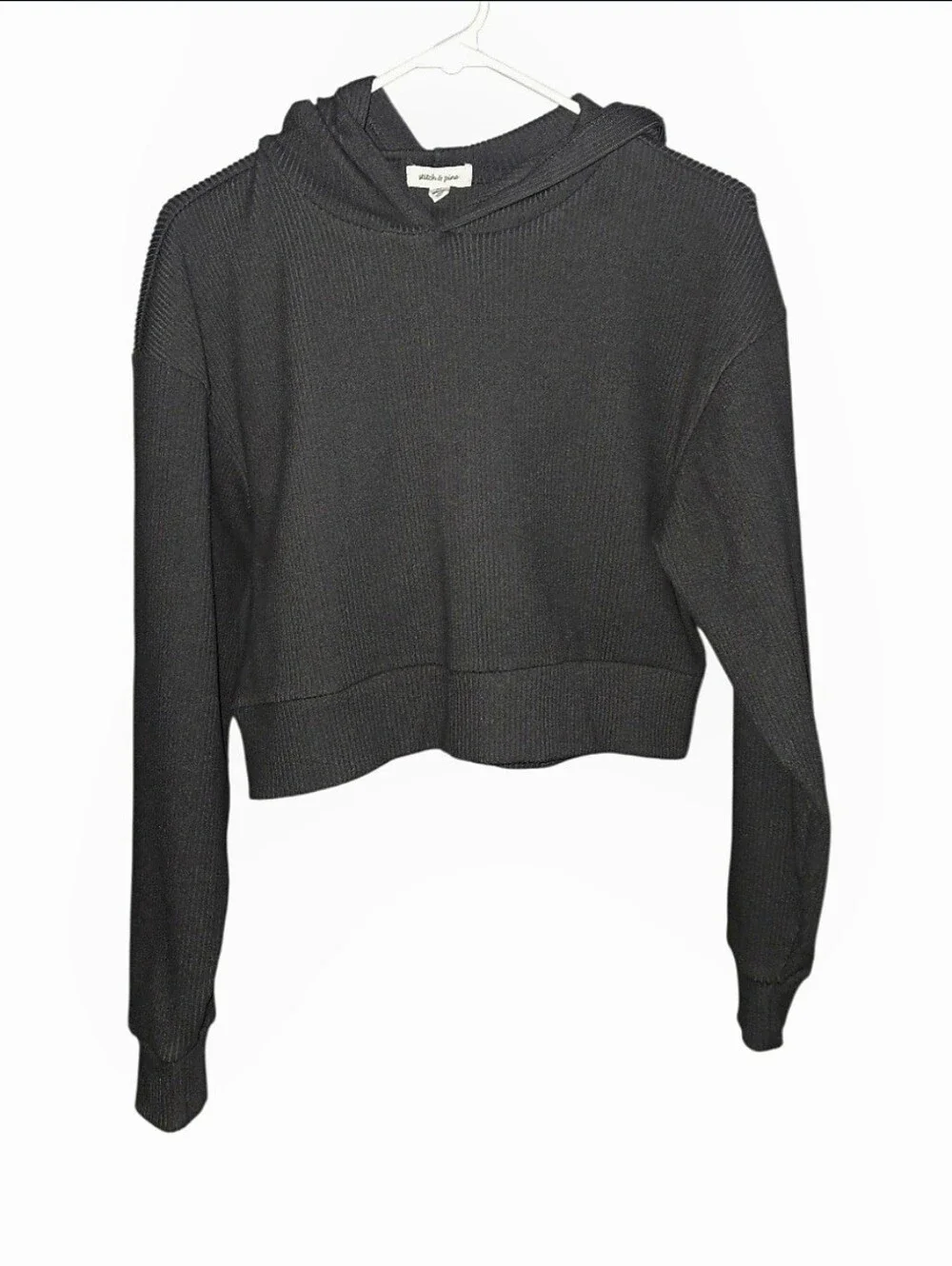 Stitch N Pine Ribbed Cropped Charcoal Hoodie-Med